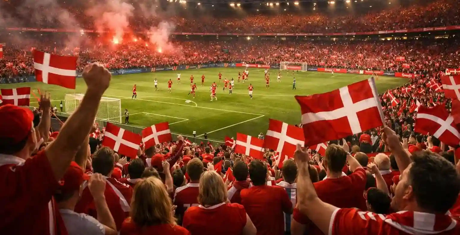 Danske fodboldfans fejrer landsholdet under VM-kvalifikationskamp
