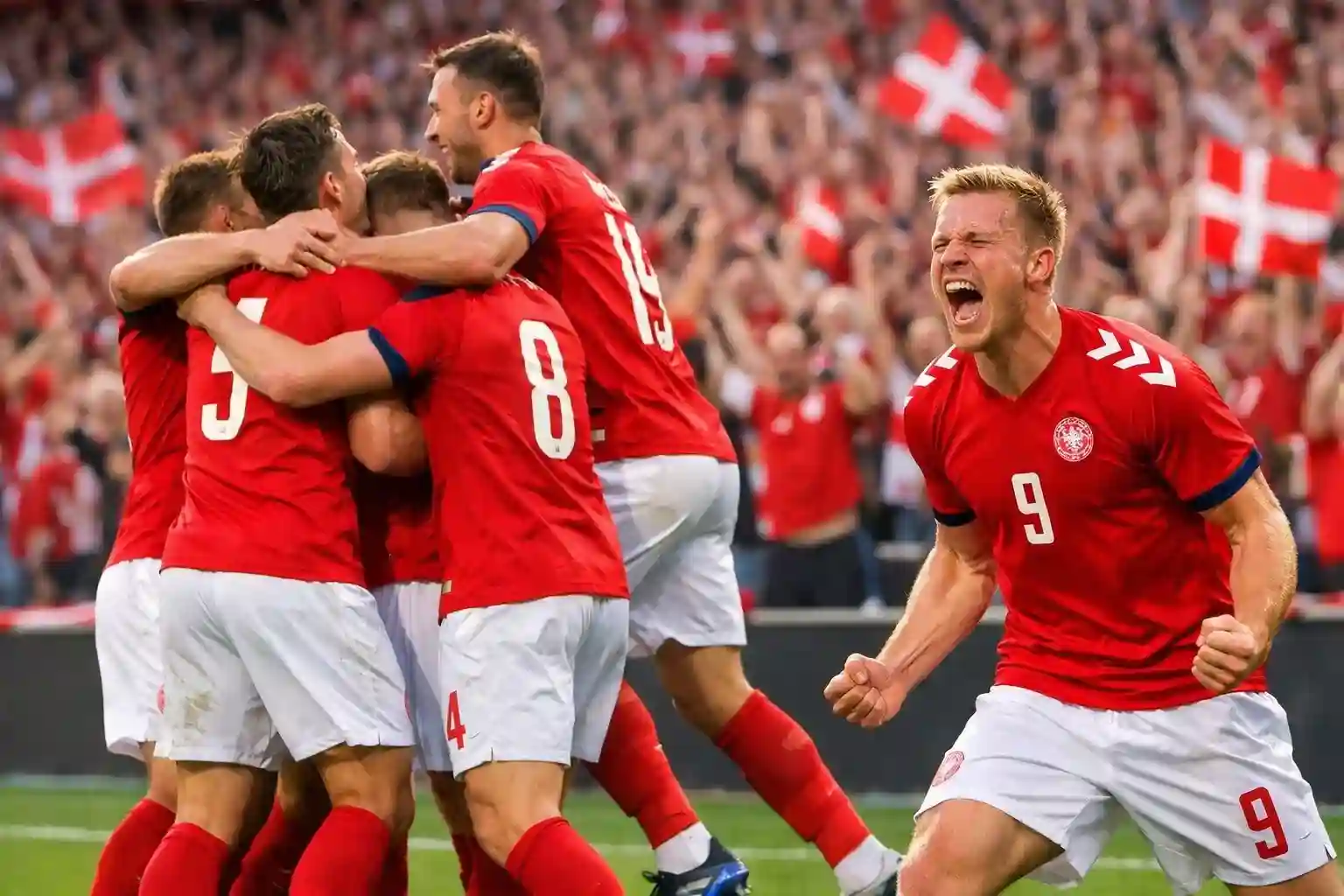 Dansk landshold fejrer mål foran jublende fans i Parken