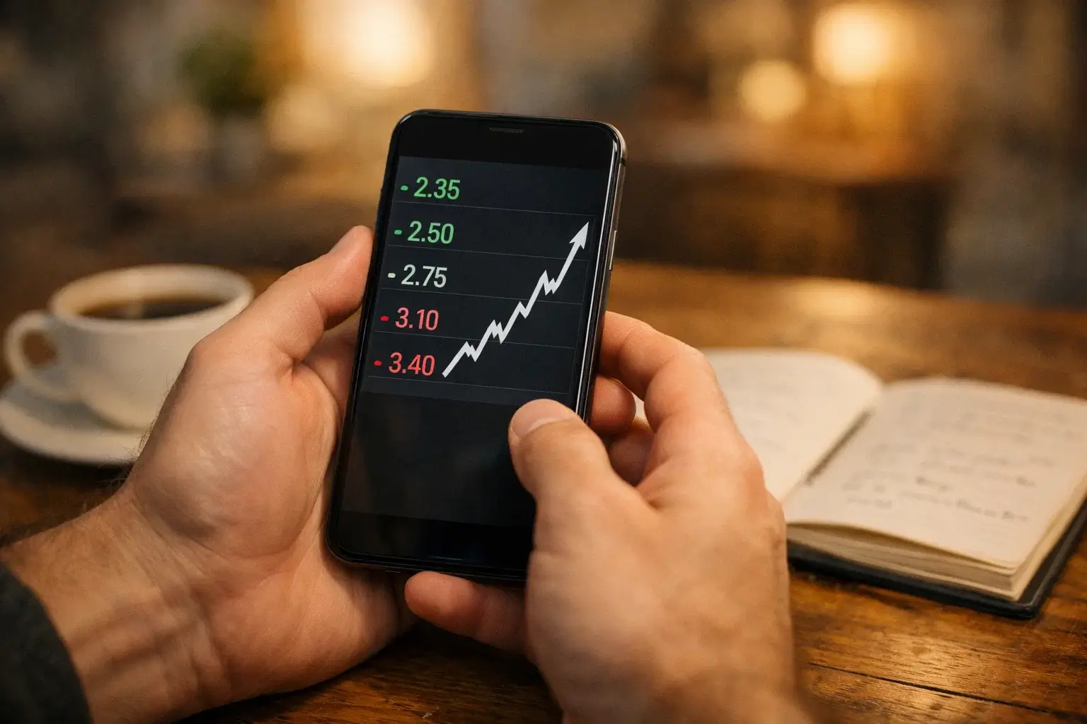 Person tjekker odds på mobil med stigende graf i baggrunden