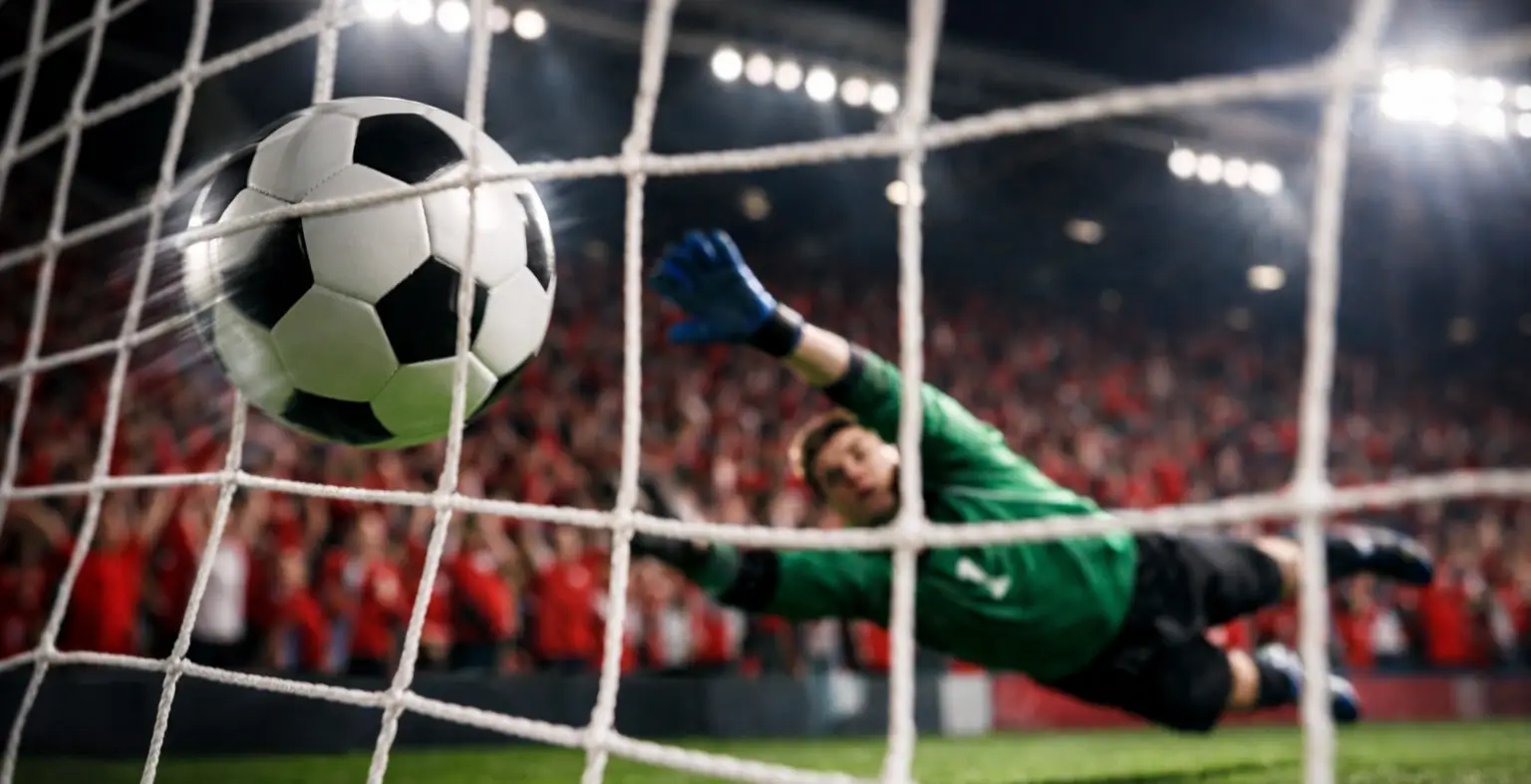 Fodbold der flyver mod mål under dansk landskamp med jubelnde fans