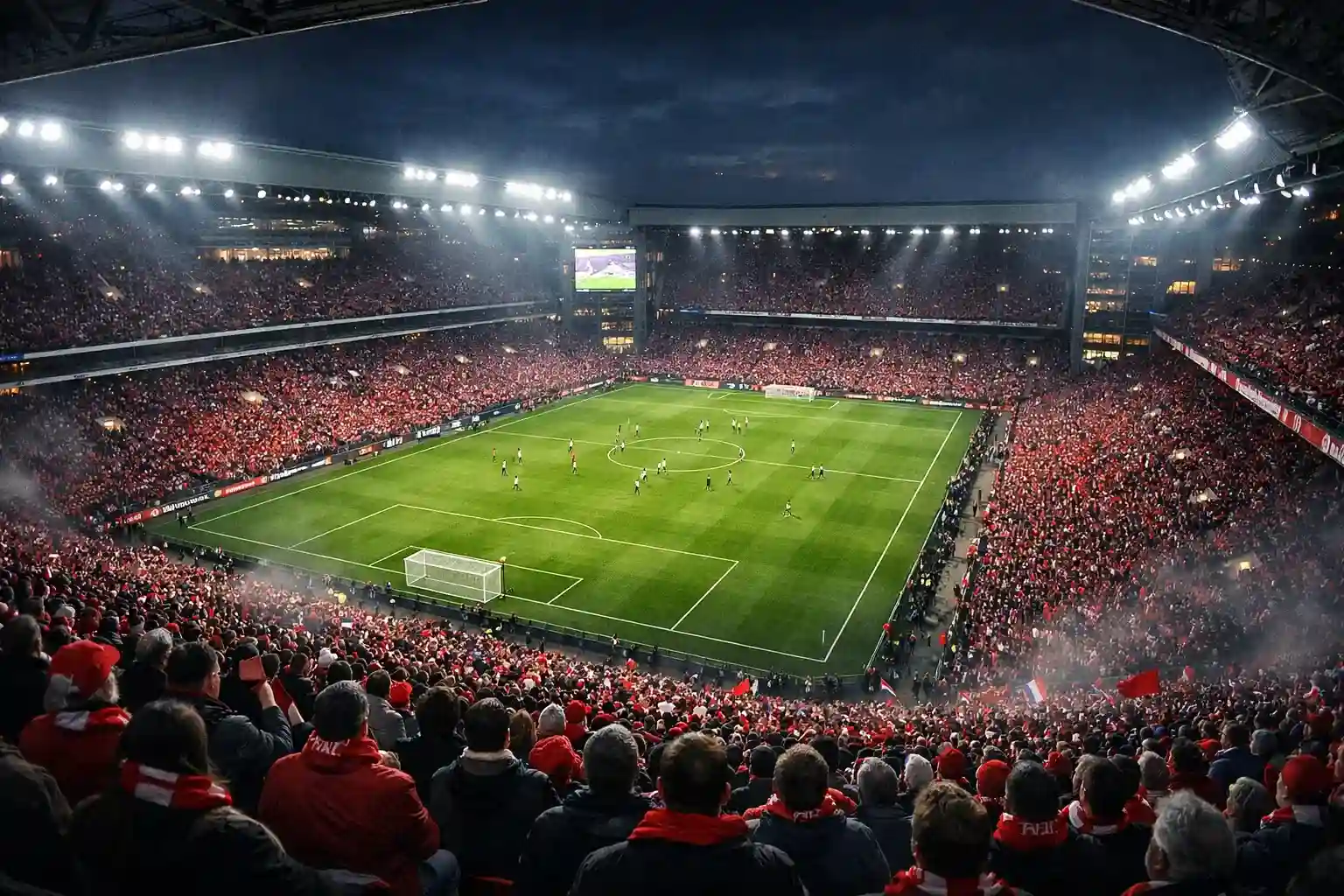 Parken stadion fyldt med danske fans under landskamp om aftenen
